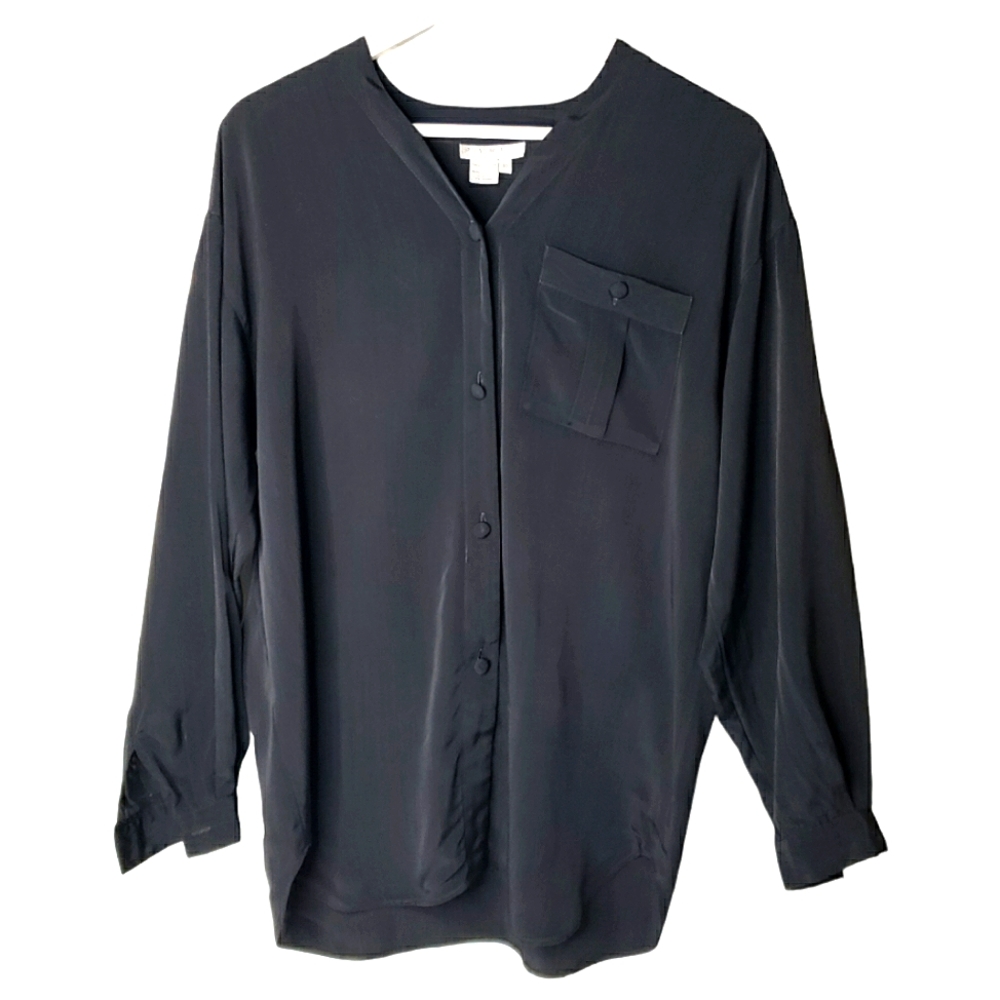 Vintage 80's Chic Tunic V-neck Covered Buttons Shirt Tail Top size 10